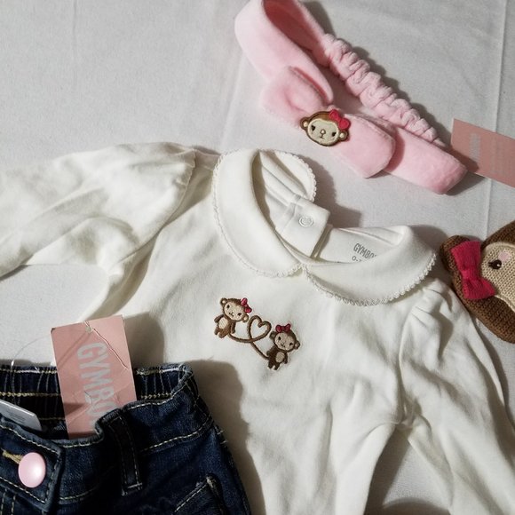 Gymboree Mischievous Monkey NWT 0-3 Month Jeans, bodysuit, bib, headband, socks - Picture 4 of 6